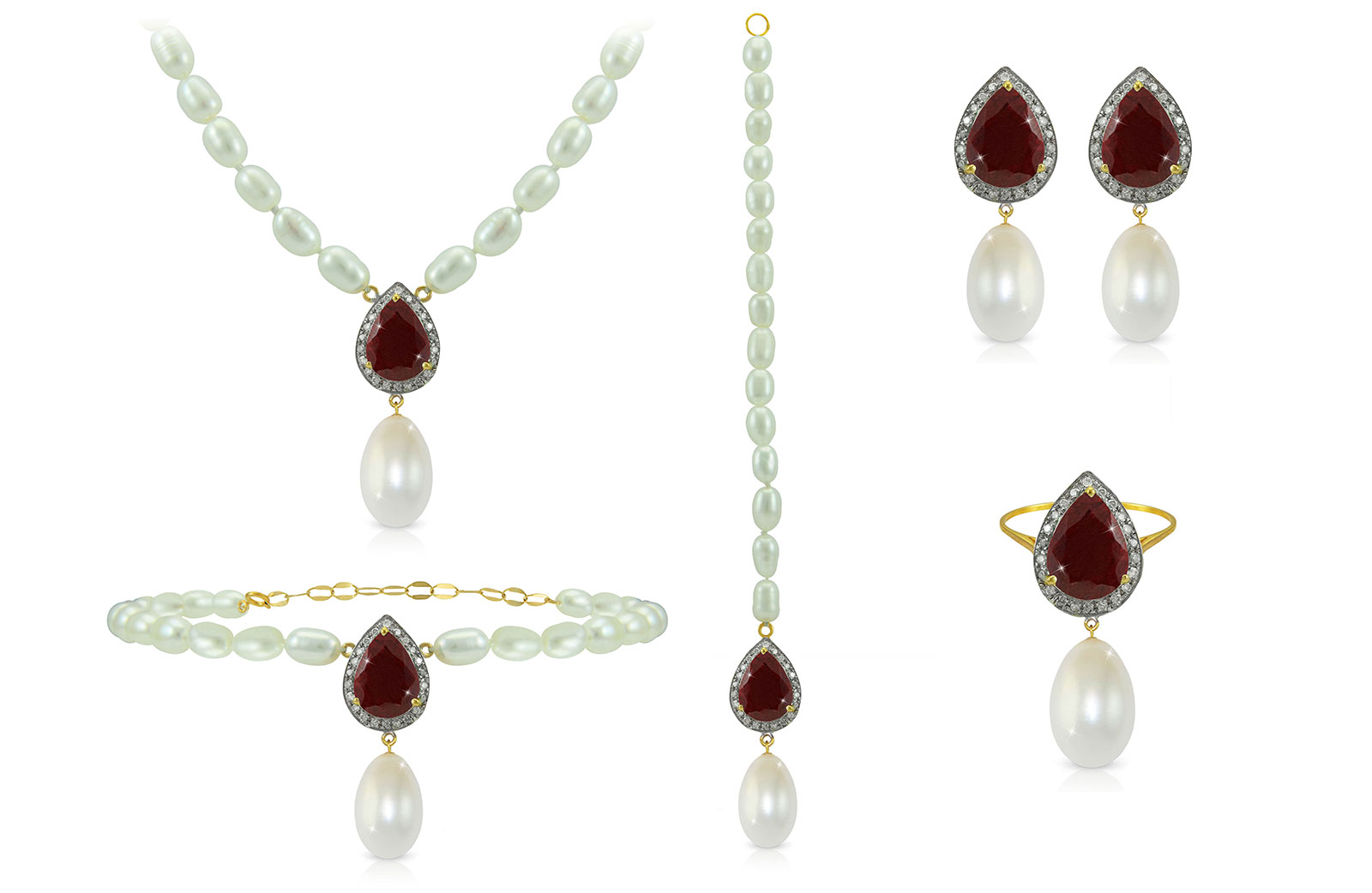 Vera Perla 18K Gold 0.72ct Diamonds, Royal Indian Ruby and 13mm Pearl  5 pcs set